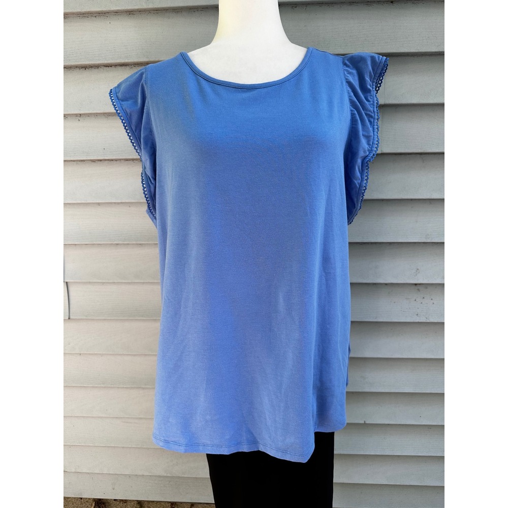 Isaac Mizrahi Live! Womens XL Blue Ruffle Sleeve Knit‎ Top Blouse Cotton Casual